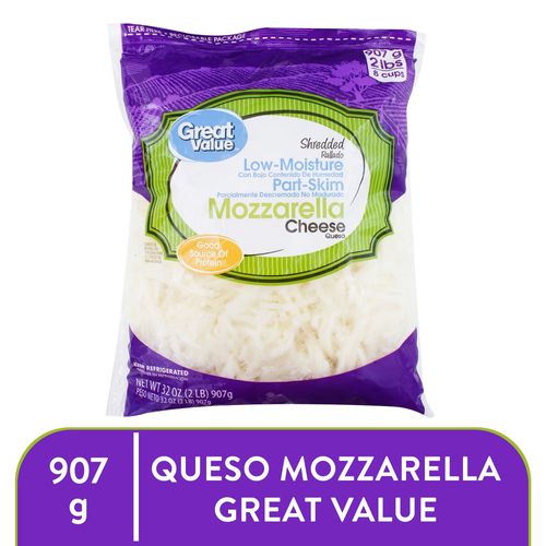 Queso Mozarella Rallado Great Value Parcialmente Desnatado y Bajo en Humedad - 907gr