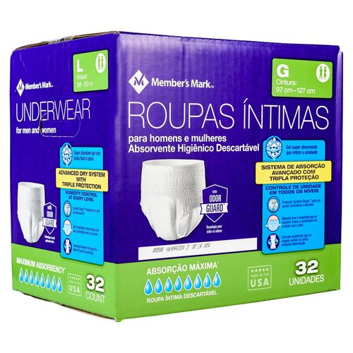 Ropa interior Member's Mark para incontinencia unisex talla G - 32 Uds