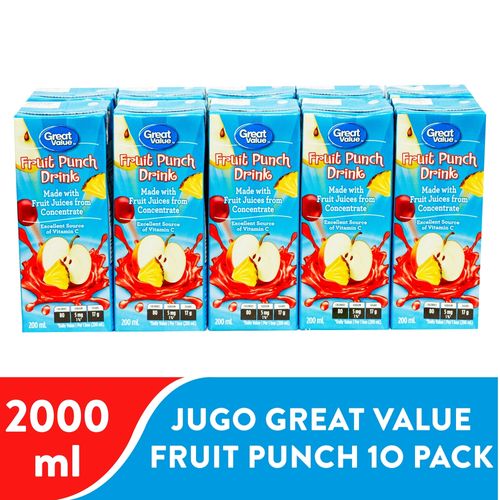 10 Pack Jugo Great Value Fruit Punch - 2000ml