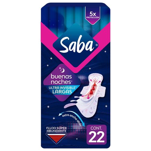 Toallas Femeninas Saba Nocturna Ultra Invisible Ultradelgada Flujo Súper Abundante Con Alas - 22Uds