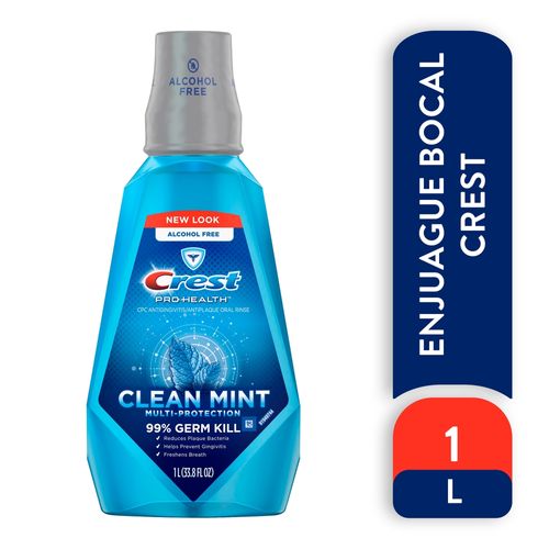 Enjuague bucal Crest Pro-Health, sin alcohol, multiprotección de menta limpia, 1 L