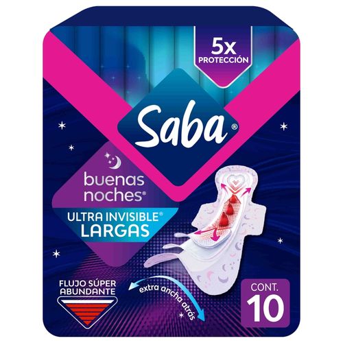 Toallas Femeninas Saba Nocturna Ultra Invisible Ultradelgada Flujo Súper Abundante Con Alas - 10Uds