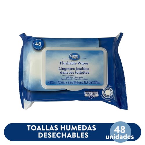 Toallas Great Value Desechables Húmedas Hipoalergénicas Con Aloe - 48 Uds