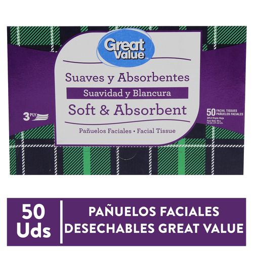 Pañuelo Facial Great Value Pequeños 3P - 50 Unds