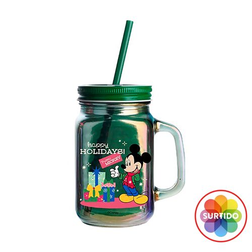 Jarra Disney de vidrio con tapa y pajilla